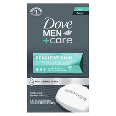 Dove Men+Care front packaging showing sensitive bar and clear label benefit