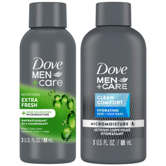 Dove Men+Care front packaging travel duo showing two compact 3 oz bottles and benefits