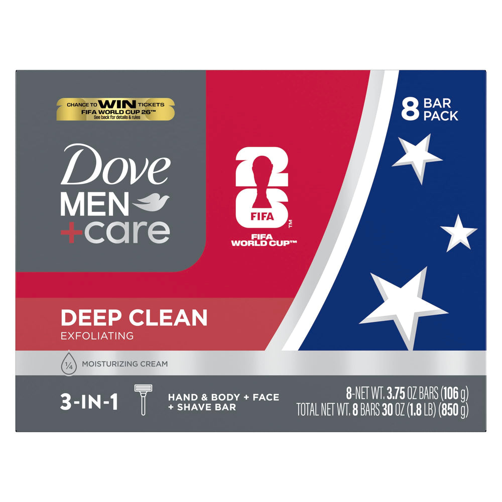 Dove Men+Care front packaging showing eight bars and clear benefits