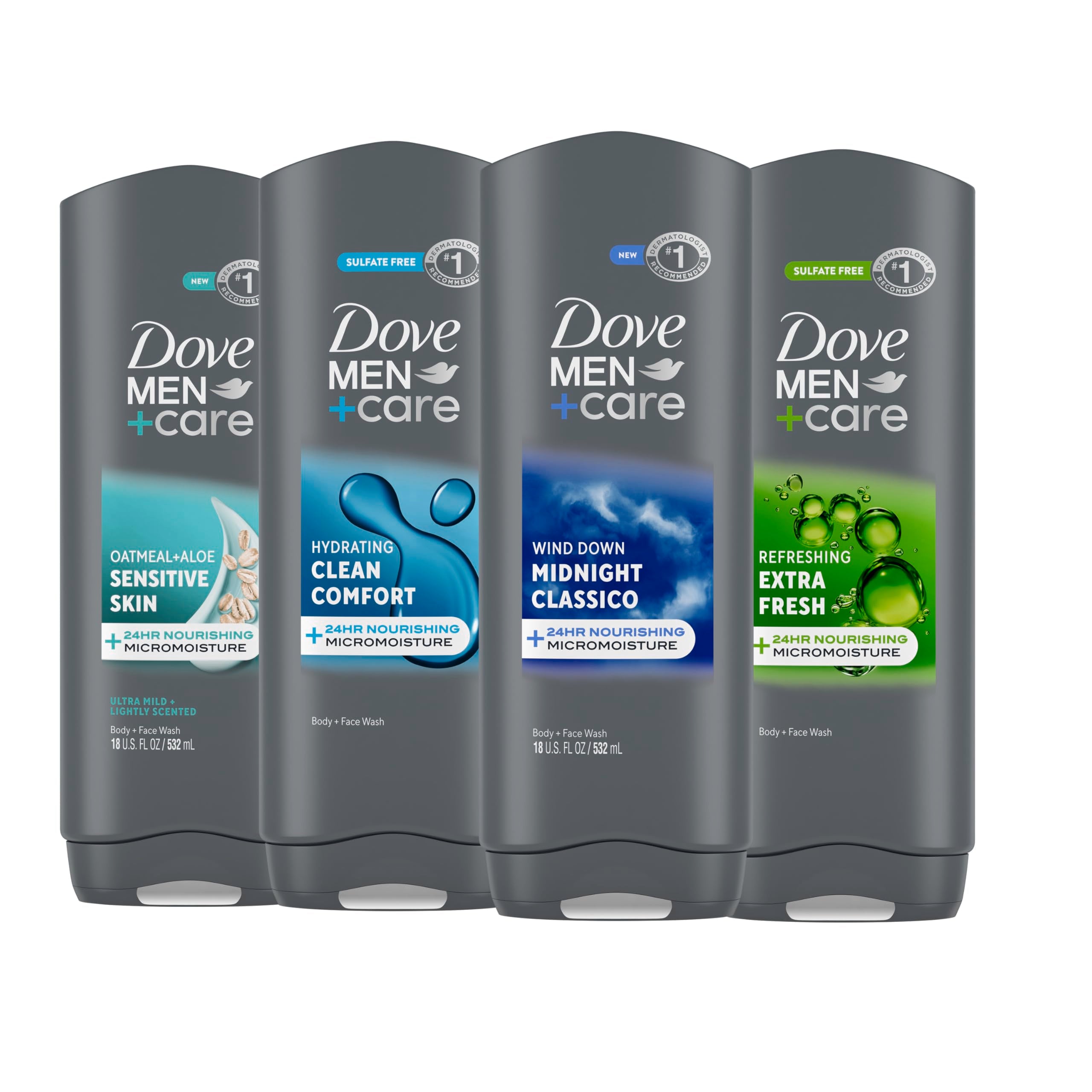 DOVE MEN + CARE front packaging showing four 18 fl oz bottles and clear benefit