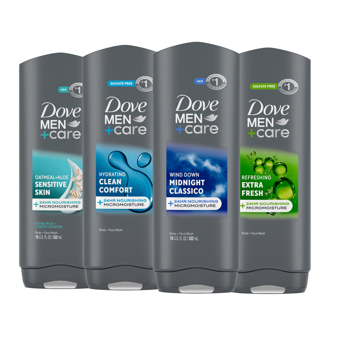 DOVE MEN + CARE front packaging showing four 18 fl oz bottles and clear benefit