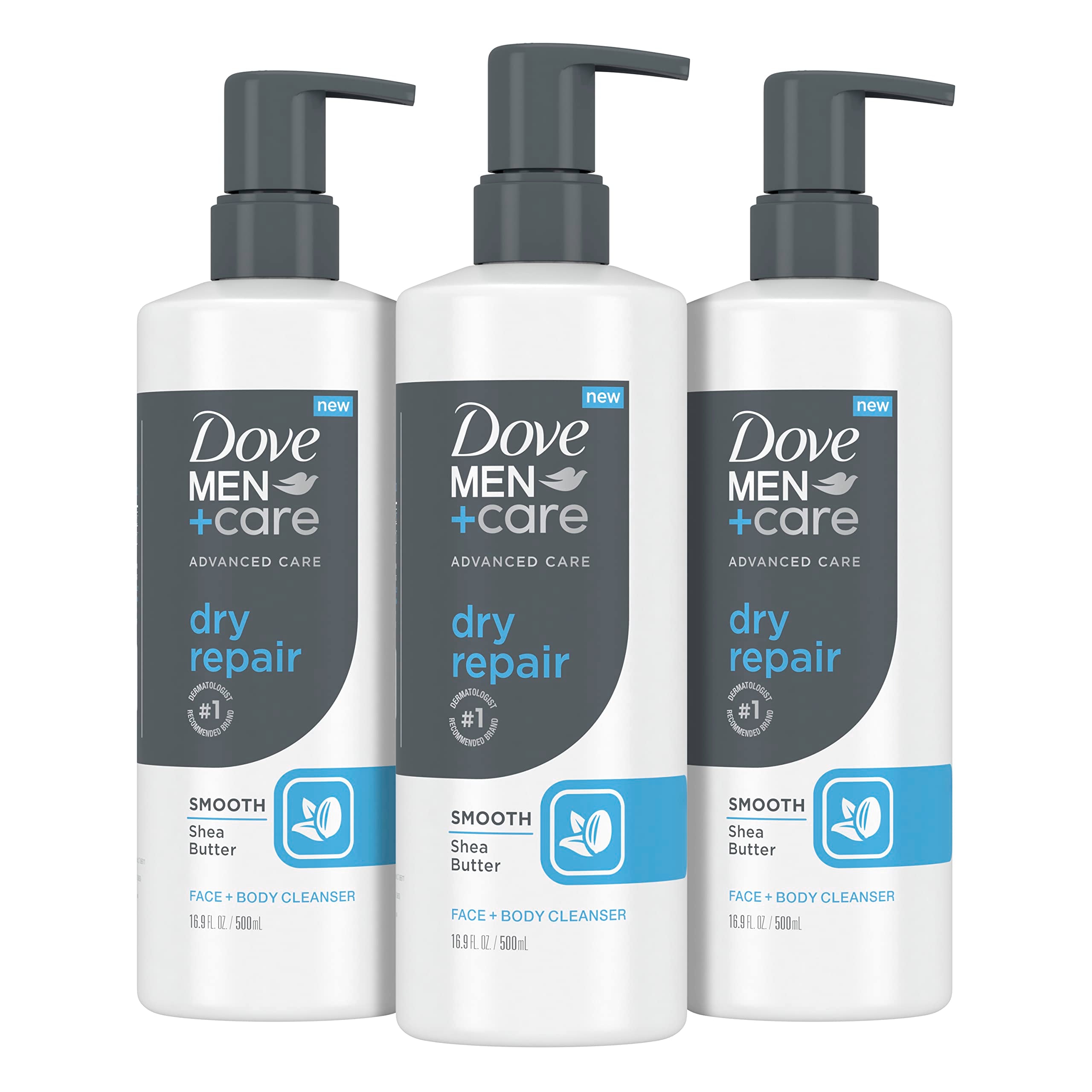 DOVE MEN + CARE front packaging showing three bottles and clear product benefits