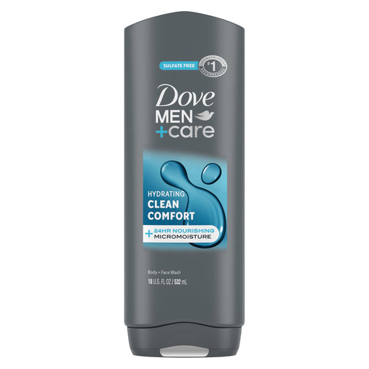 Dove Men+Care front packaging showing 18 oz bottle and branding benefits