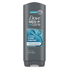 Dove Men+Care front packaging showing 18 oz bottle and branding benefits