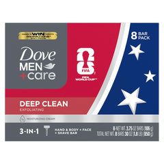 Dove Men+Care front packaging showing eight bars and clear benefits