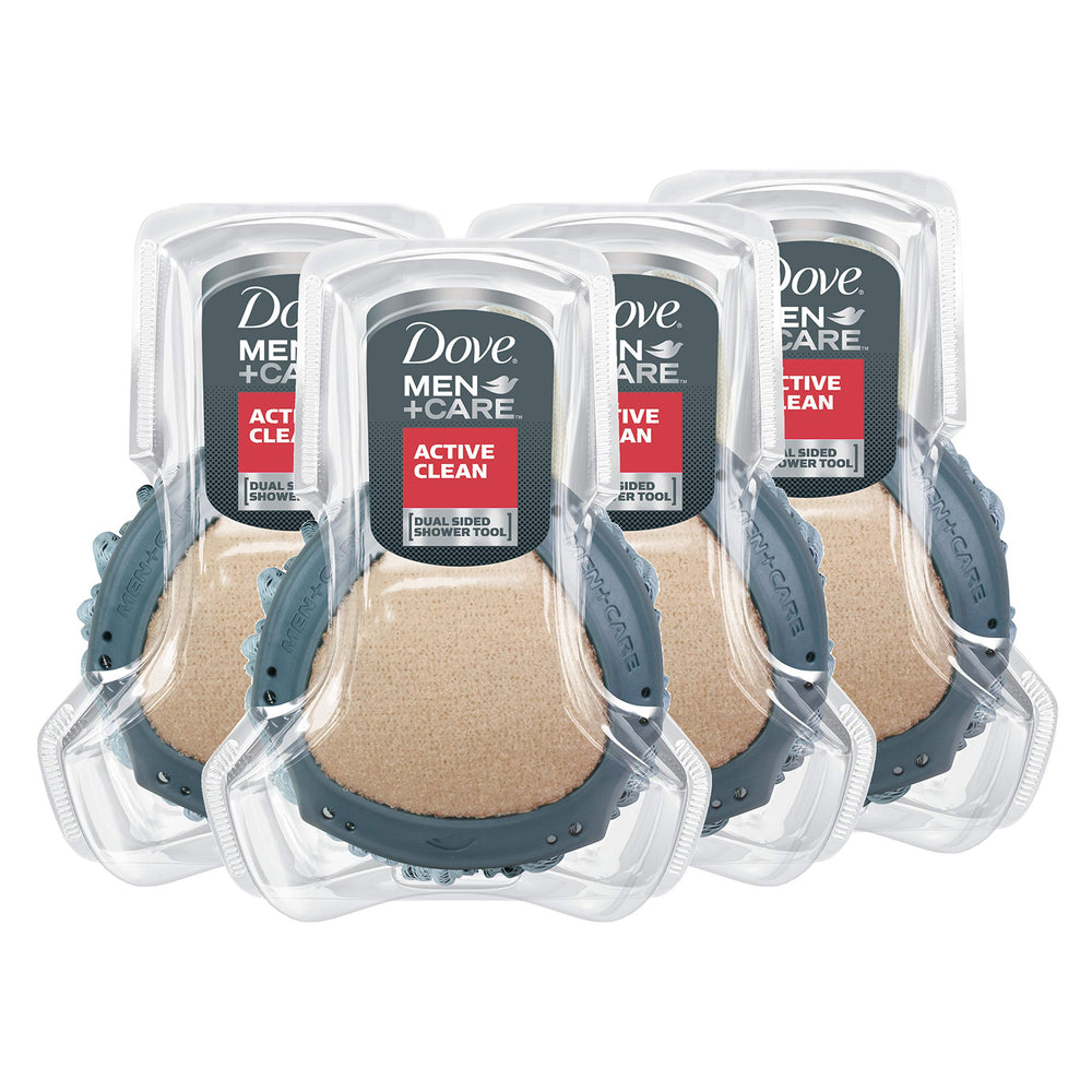 DOVE MEN + CARE front view shower tool shows dual sides and easy-grip for deeper clean