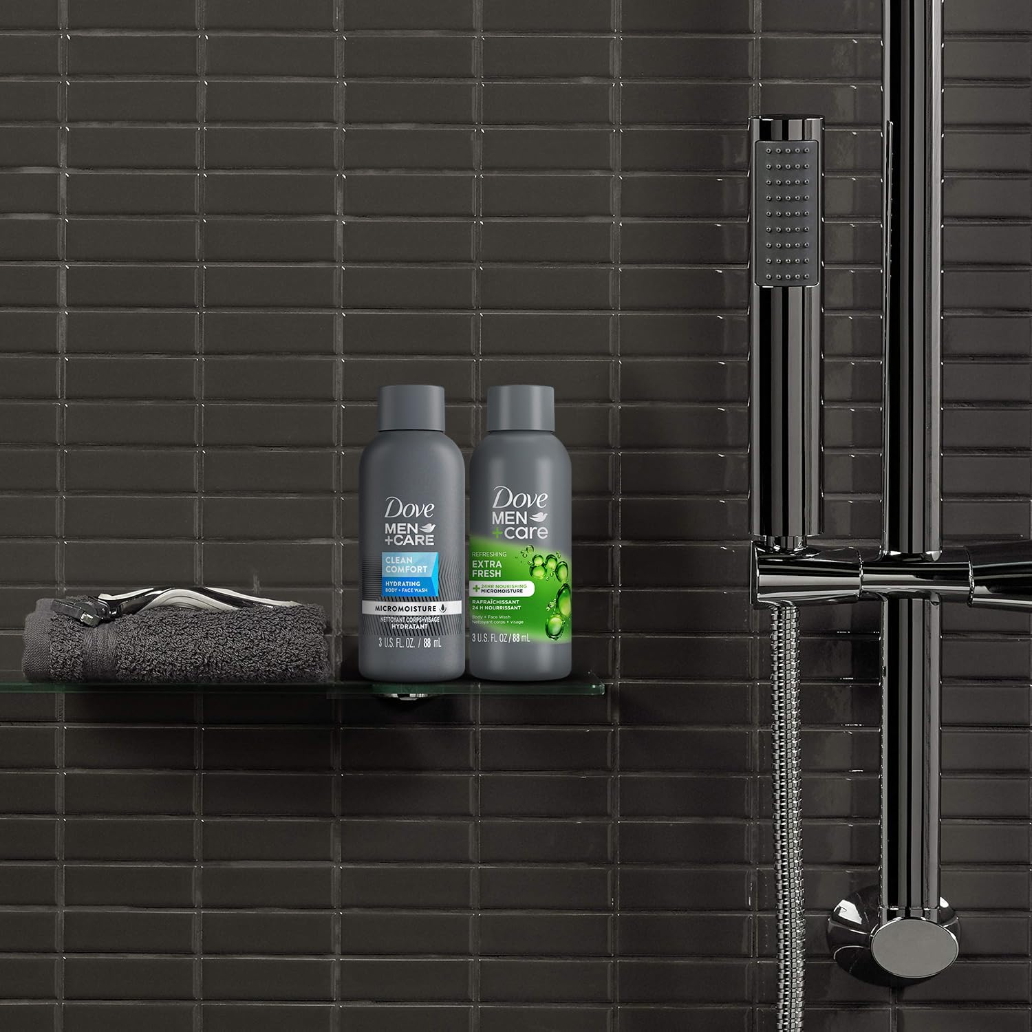 Dove Men+Care gym lifestyle shower scene showing quick freshen-up after workout