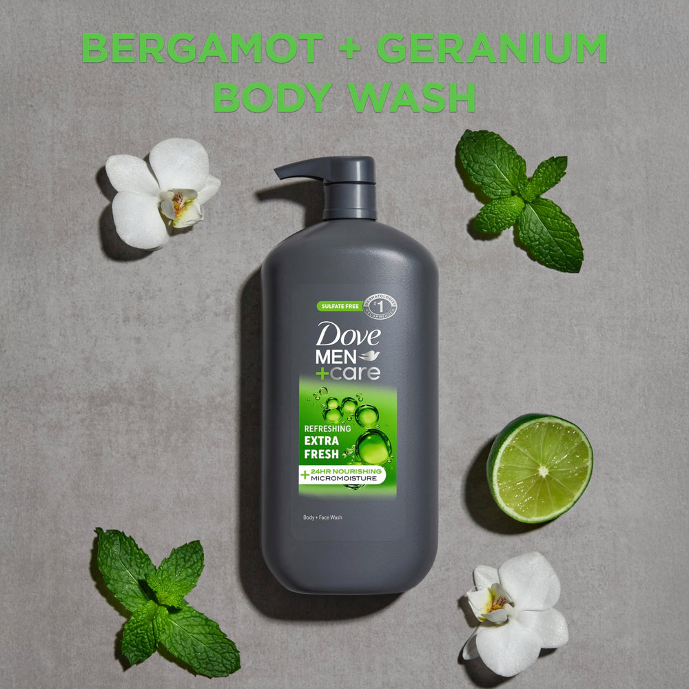 Dove Men+Care in-shower use with man lathering, showing effective full-body cleanse benefit