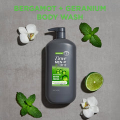 Dove Men+Care in-shower use with man lathering, showing effective full-body cleanse benefit