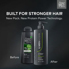 Dove Men+Care in shower on shelf showing easy one‑step wash for active days
