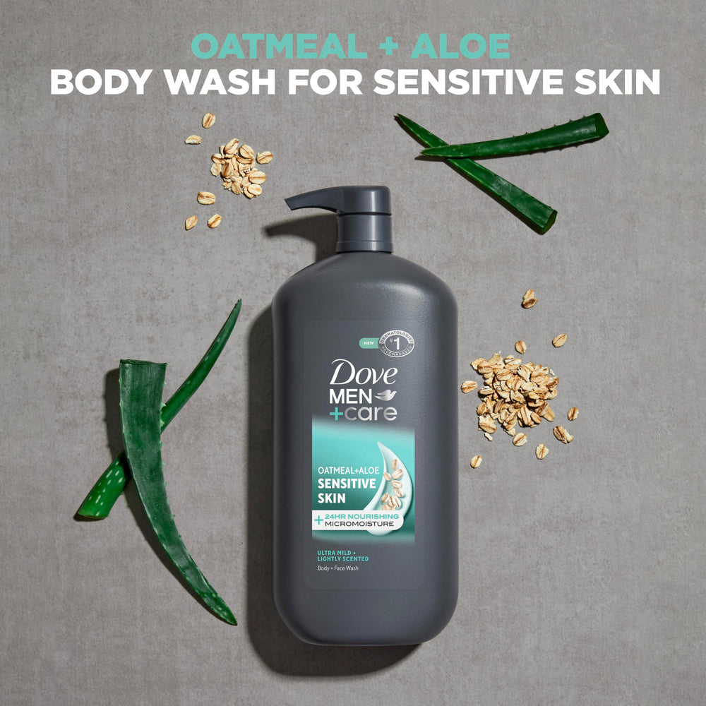 DOVE MEN + CARE pump bottle next to hand for size comparison and convenience