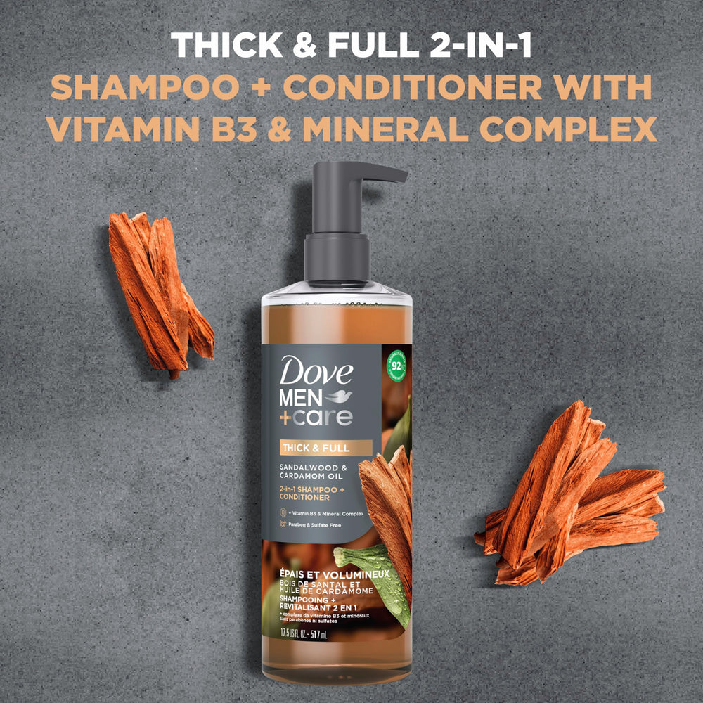 DOVE MEN + CARE close-up label emphasizing vitamin B3, mineral complex benefits