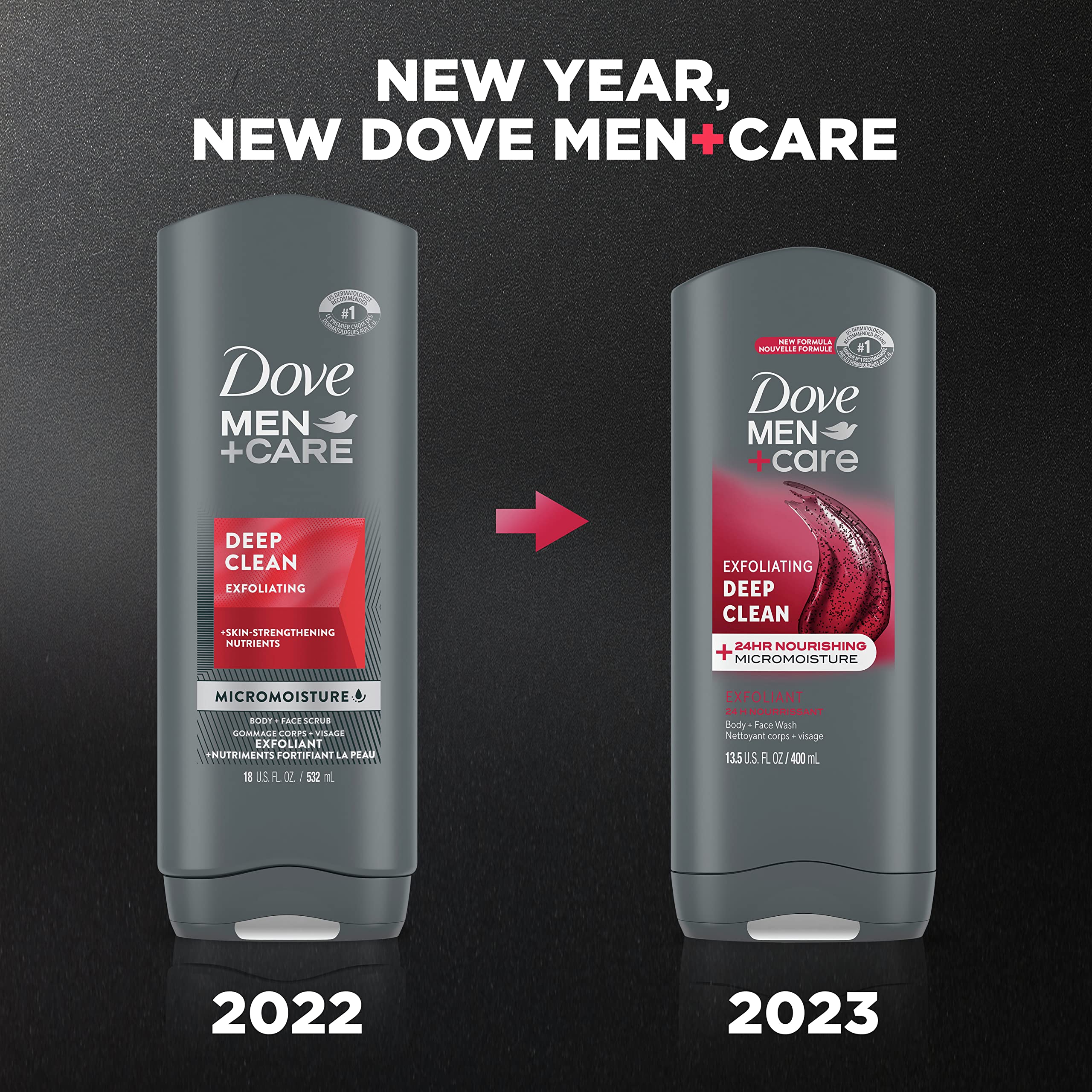 DOVE MEN + CARE bottle next to hand for size comparison and convenience