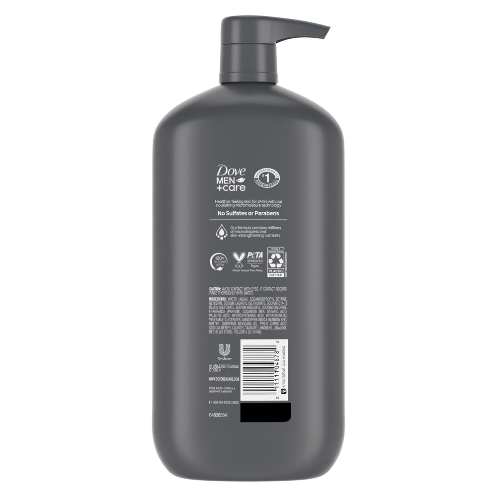 Dove Men+Care close-up of pump and label highlighting recycled bottle