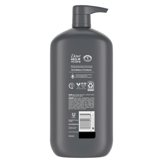 Dove Men+Care close-up of pump and label highlighting recycled bottle