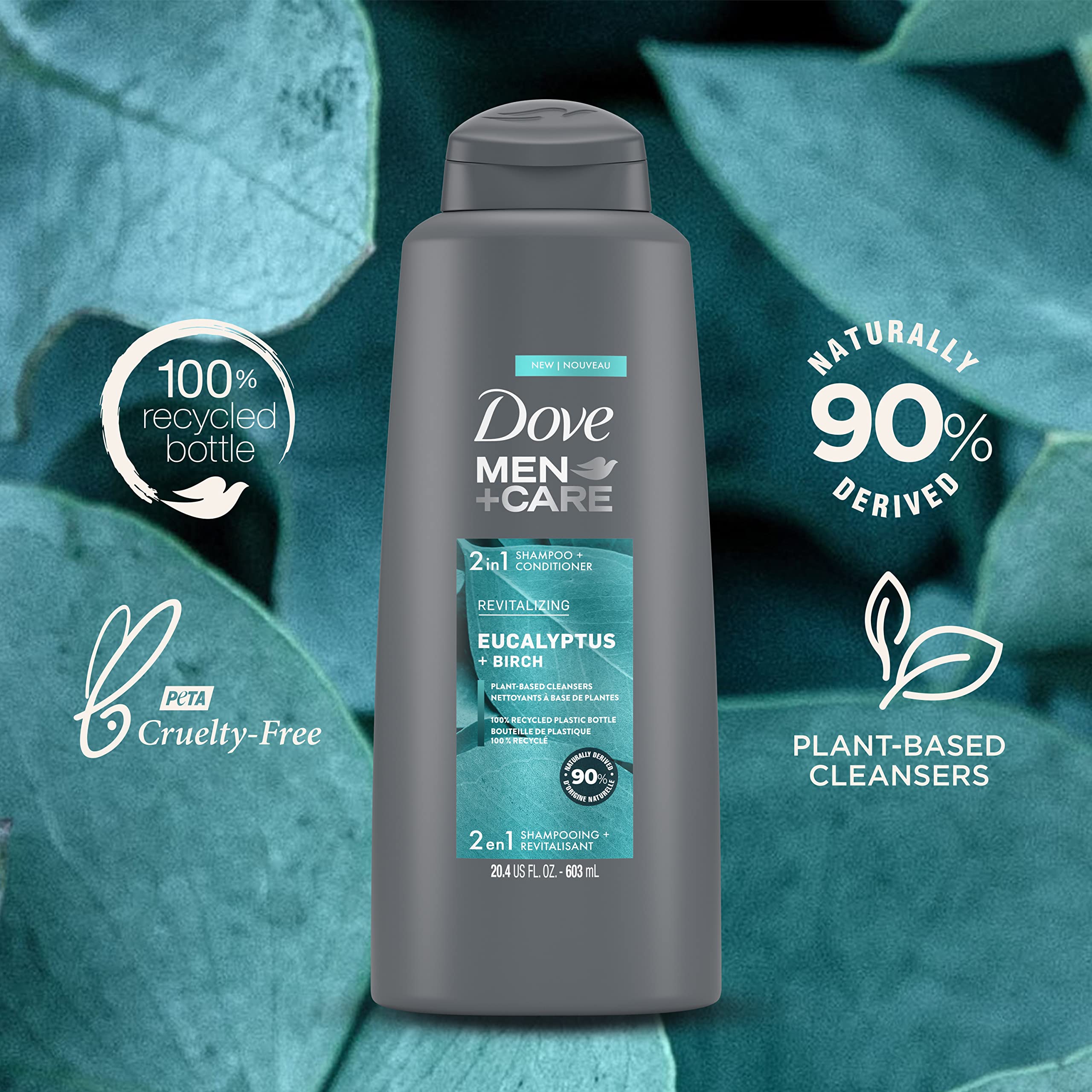Dove Men + Care recycled bottle close-up showing eco-friendly packaging benefit