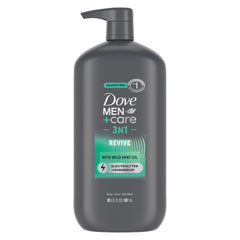 Dove Men+Care front bottle image showing scent and size, promotes long-lasting hydration