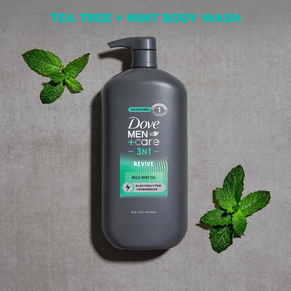Male in shower using Dove Men+Care Revive 3N1, displays refreshing and energizing cleanse
