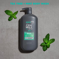 Male in shower using Dove Men+Care Revive 3N1, displays refreshing and energizing cleanse