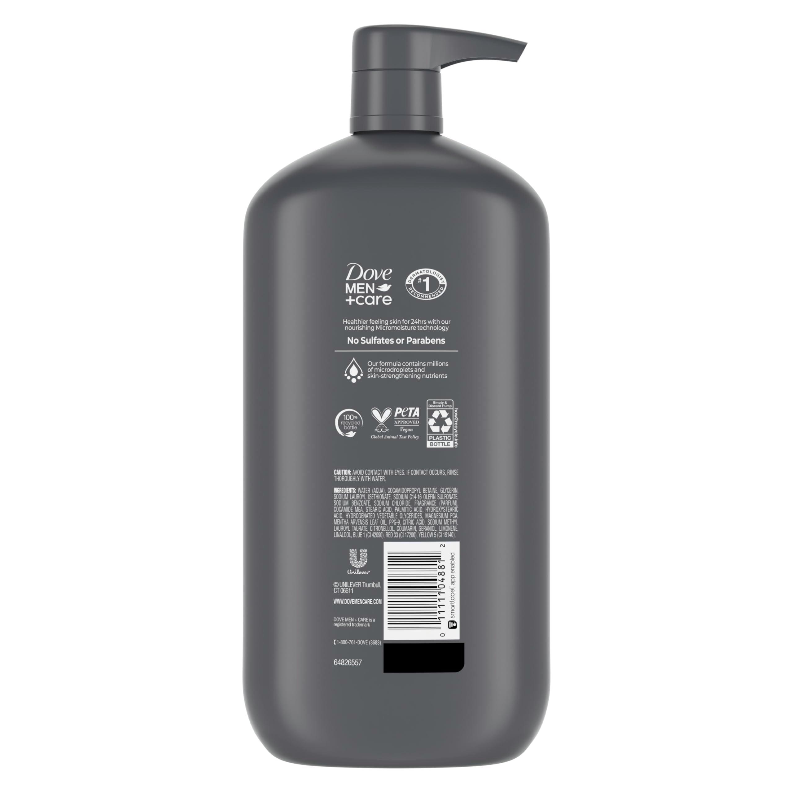 Dove Men+Care pump dispensing wash, demonstrates easy one-handed use and control