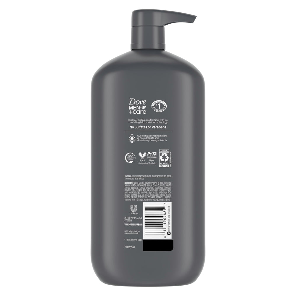 Dove Men+Care pump dispensing wash, demonstrates easy one-handed use and control