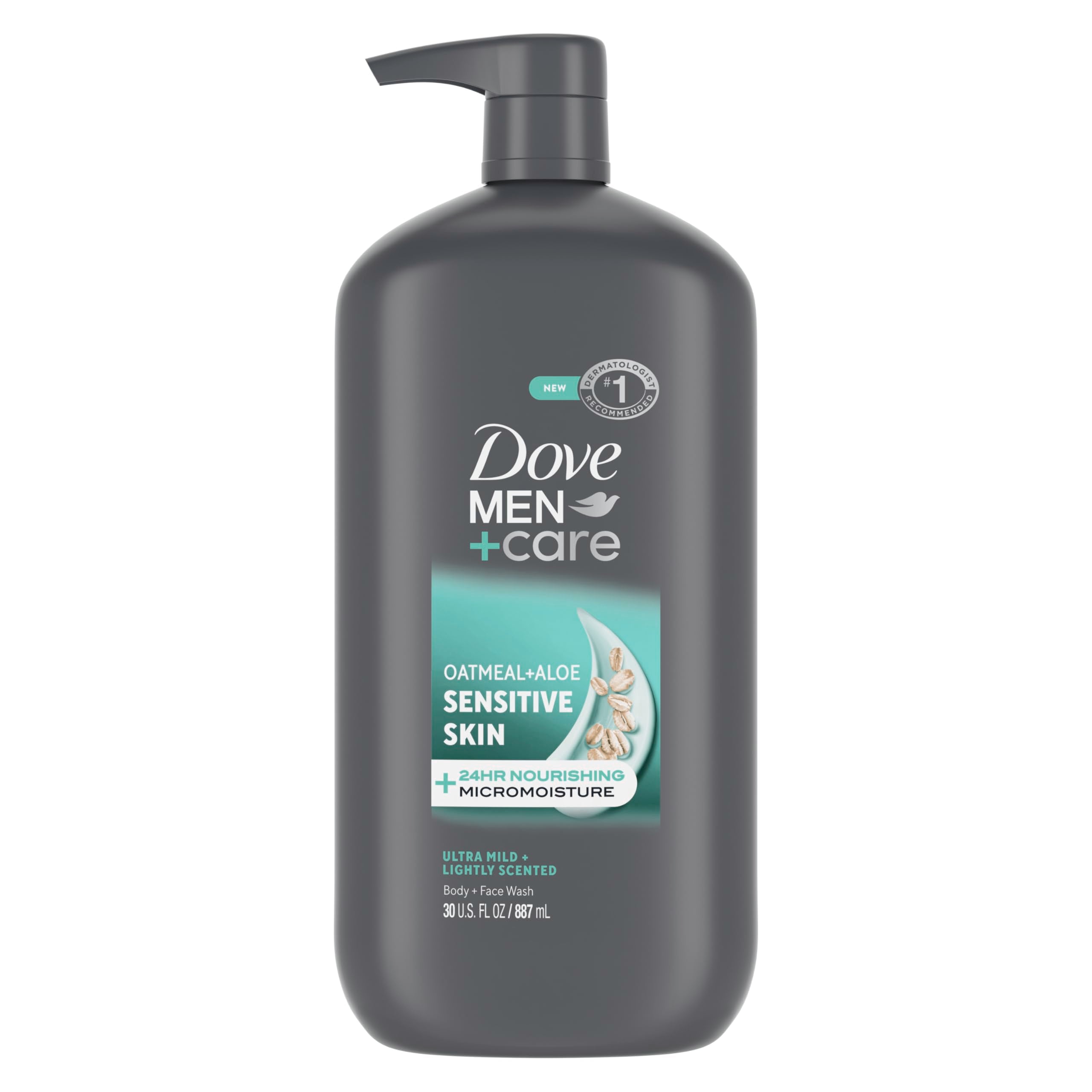 DOVE MEN + CARE front packaging showing 30 oz bottle and clear benefit