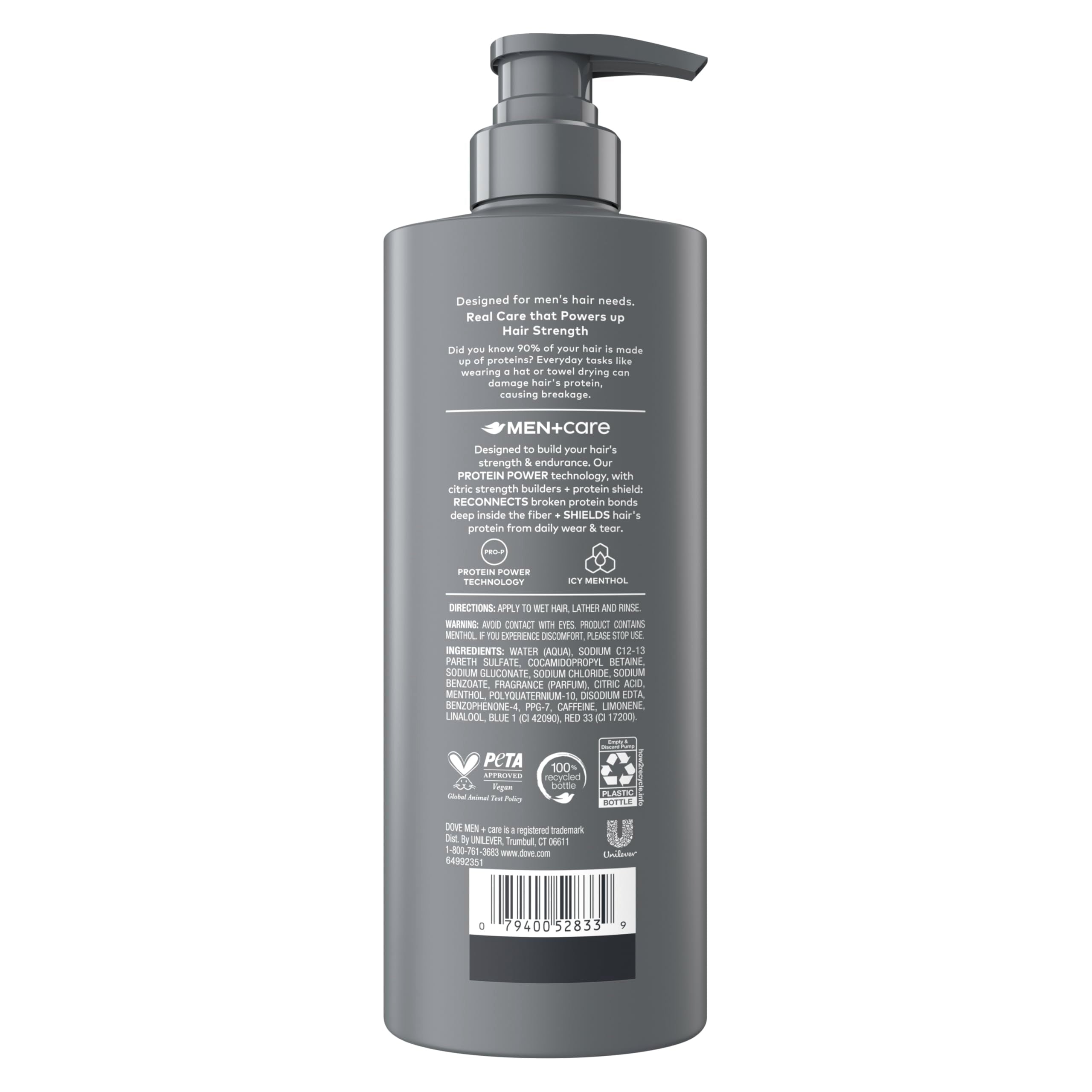Dove Men+Care back label highlighting protein power benefits
