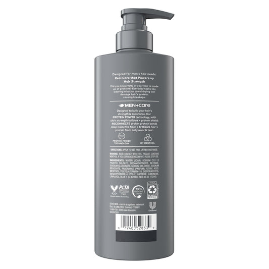 Dove Men+Care back label highlighting protein power benefits
