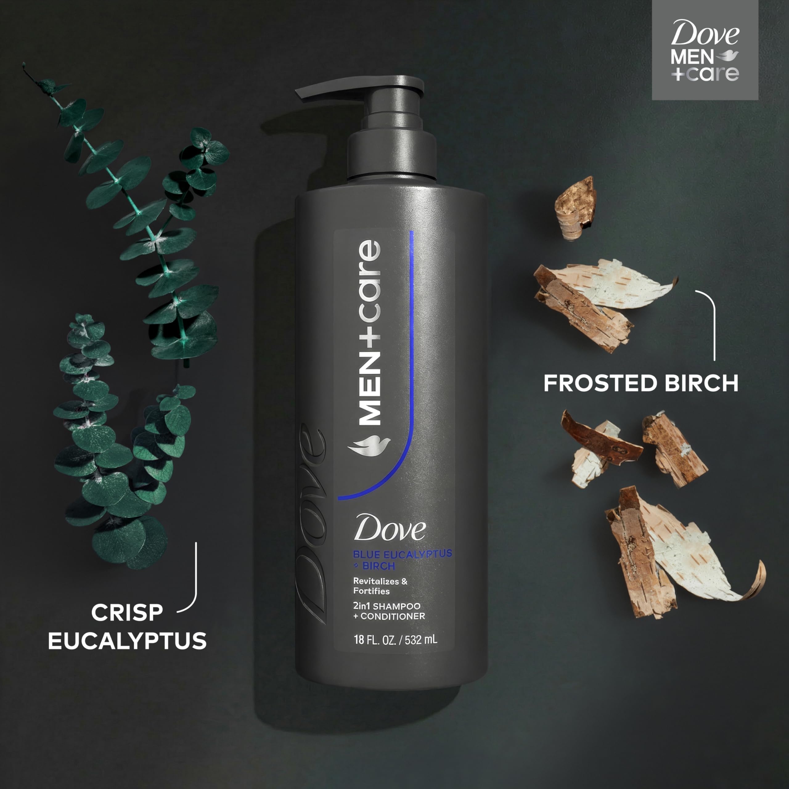 DOVE MEN + CARE shampoo in hand during shower demonstrating easy one-step use