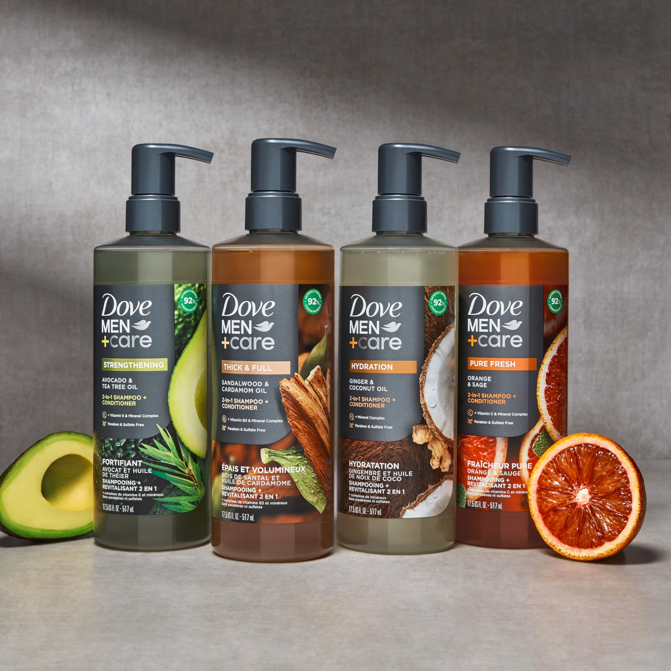 DOVE MEN + CARE bottle beside ruler showing 17.5 oz size for long-lasting use