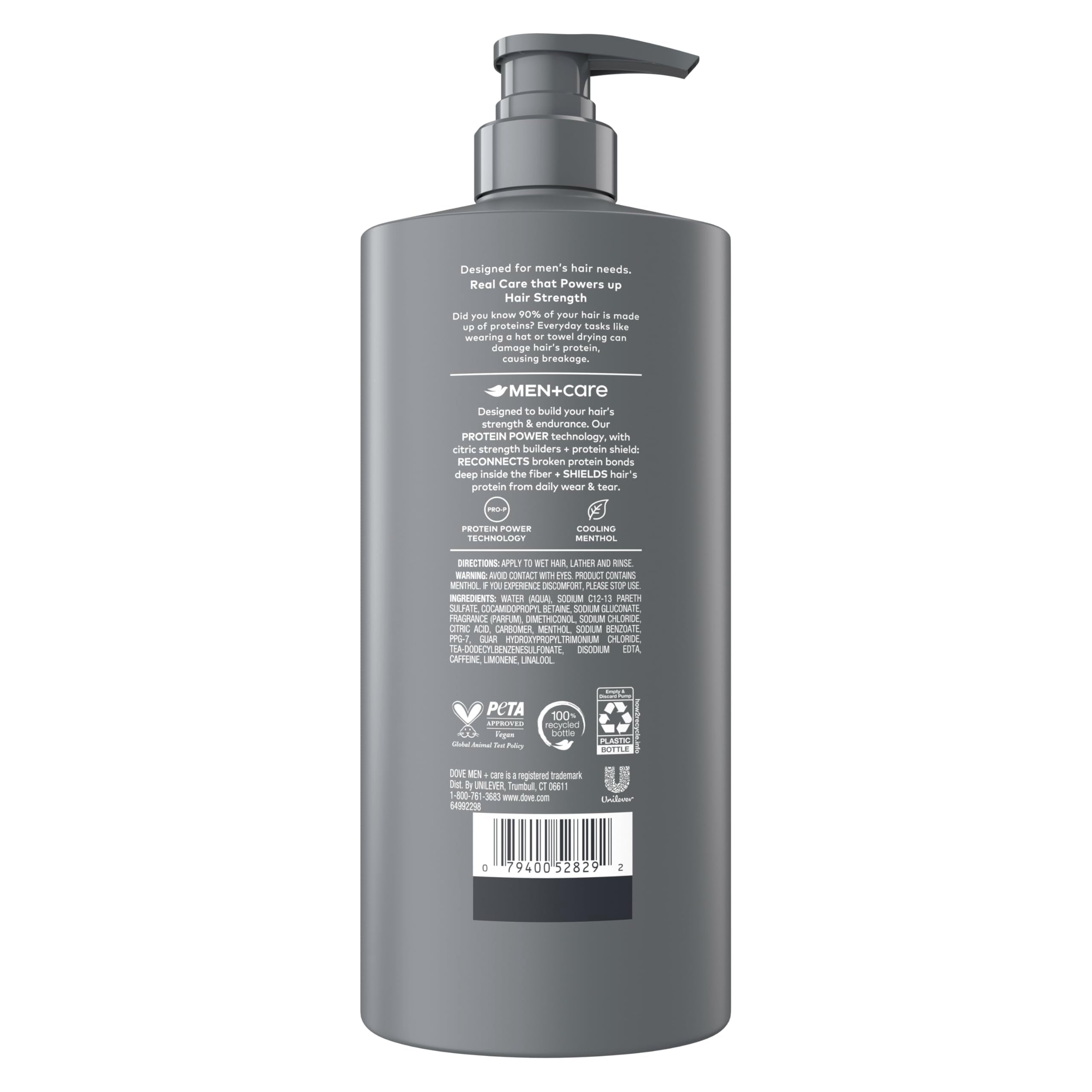 Dove Men+Care back label with ingredient highlights for informed use