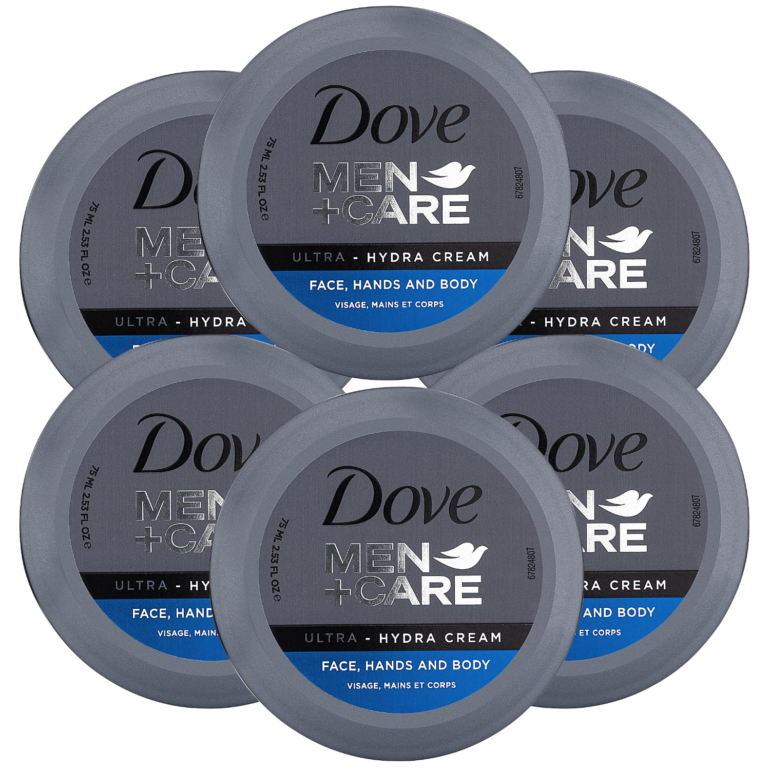 Dove Men+Care six-pack front view showing compact travel tubes and benefits
