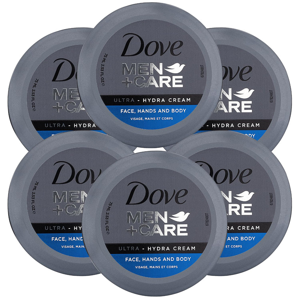 Dove Men+Care six-pack front view showing compact travel tubes and benefits