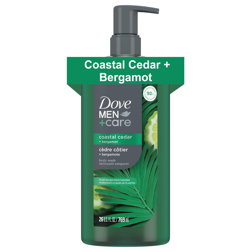 Dove Men+Care front bottle showing Coastal Cedar + Bergamot fragrance and clear benefit