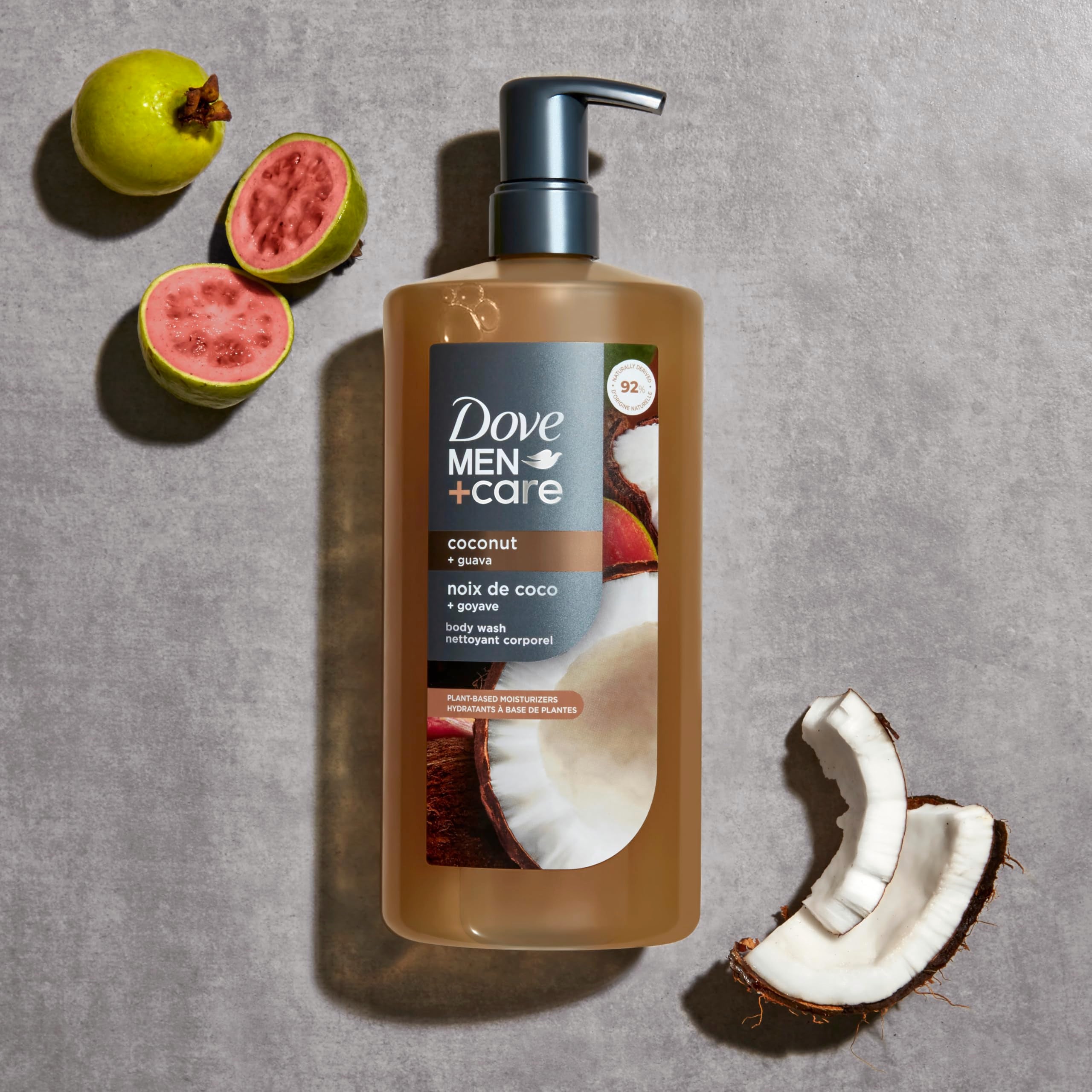 Dove Men+Care in-shower use showing refreshing tropical scent and skin hydration