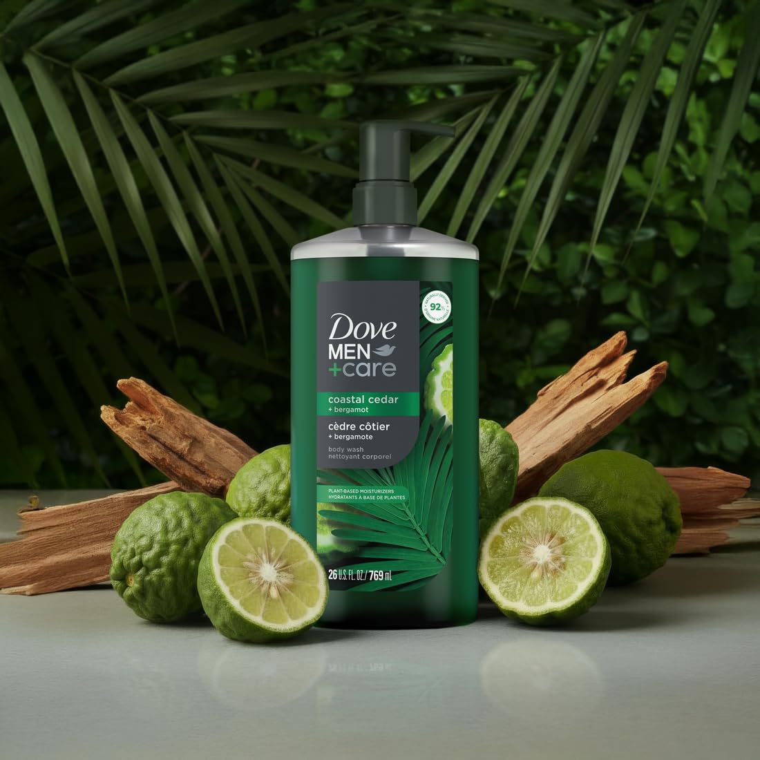 Dove Men+Care pump top and label close-up showing easy dispensing benefit