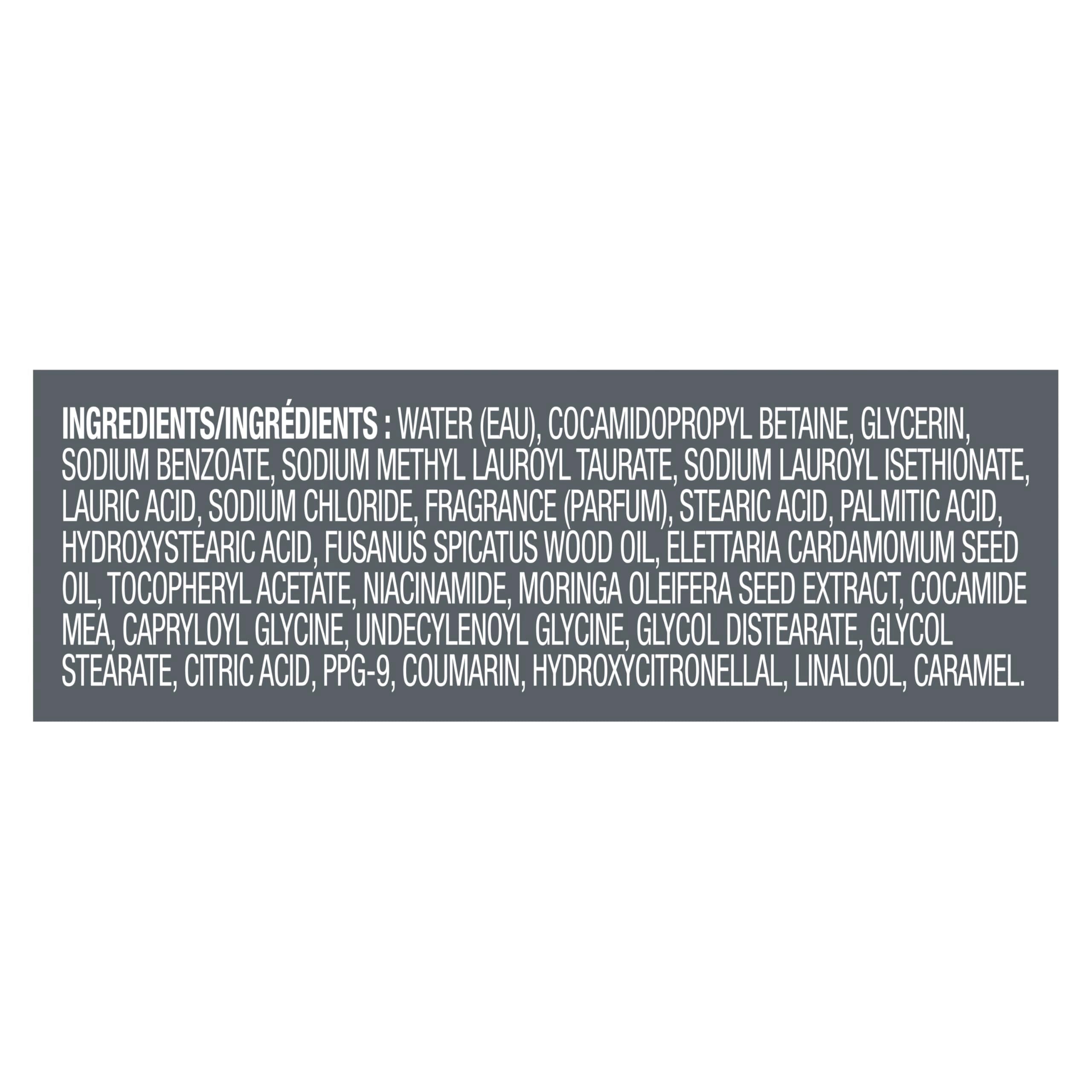 Dove Men+Care label closeup highlighting key ingredients and gentle formula