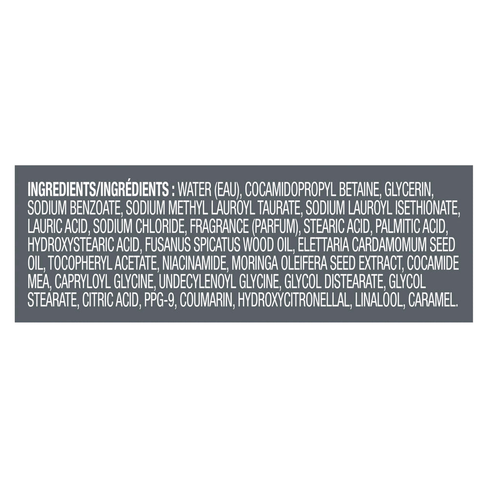 Dove Men+Care label closeup highlighting key ingredients and gentle formula