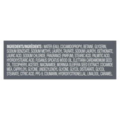 Dove Men+Care label closeup highlighting key ingredients and gentle formula