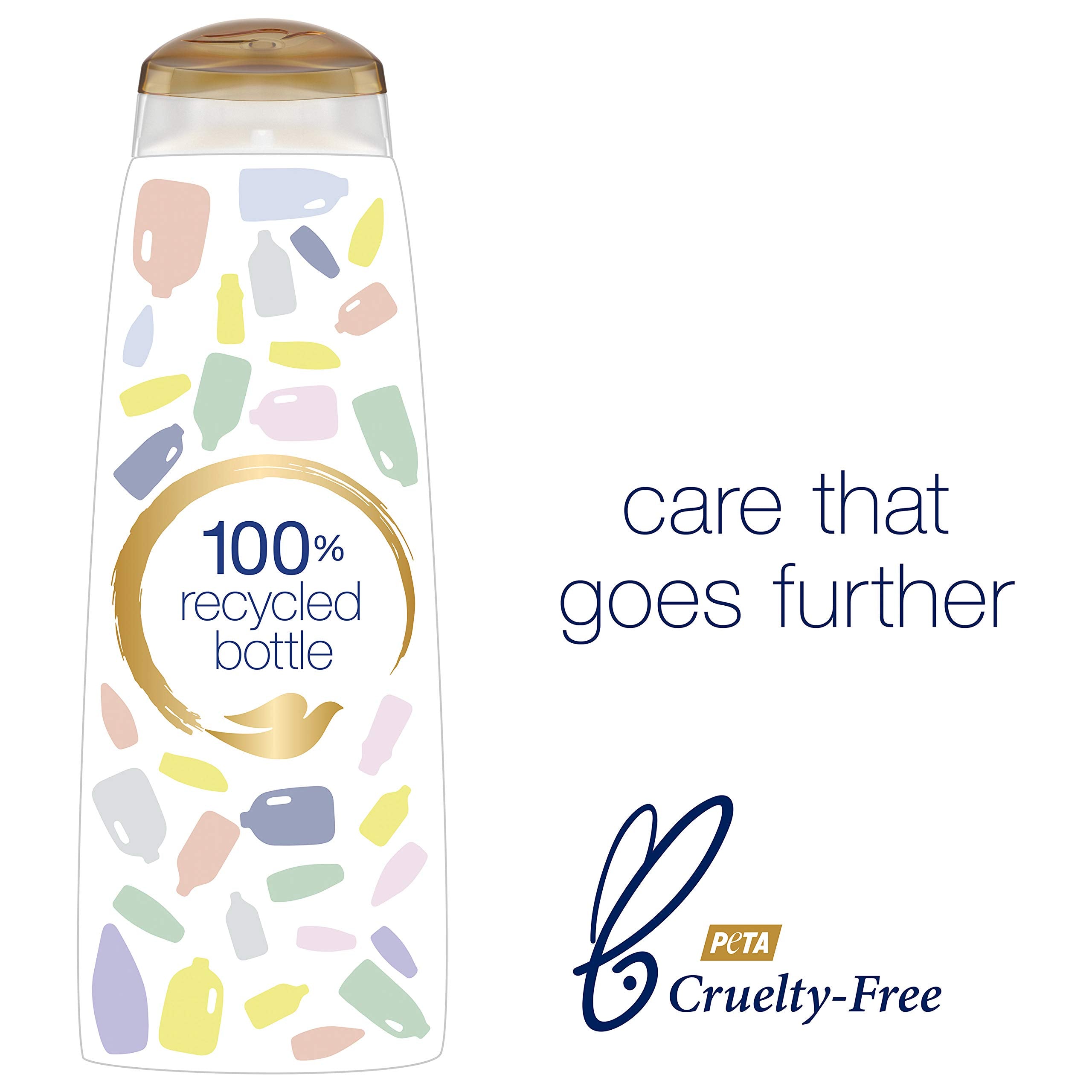 Dove 12 oz bottle in hand showing size and travel-friendly benefit