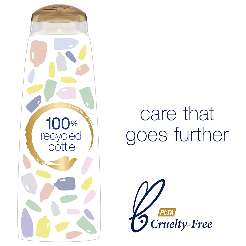 Dove 12 oz bottle in hand showing size and travel-friendly benefit
