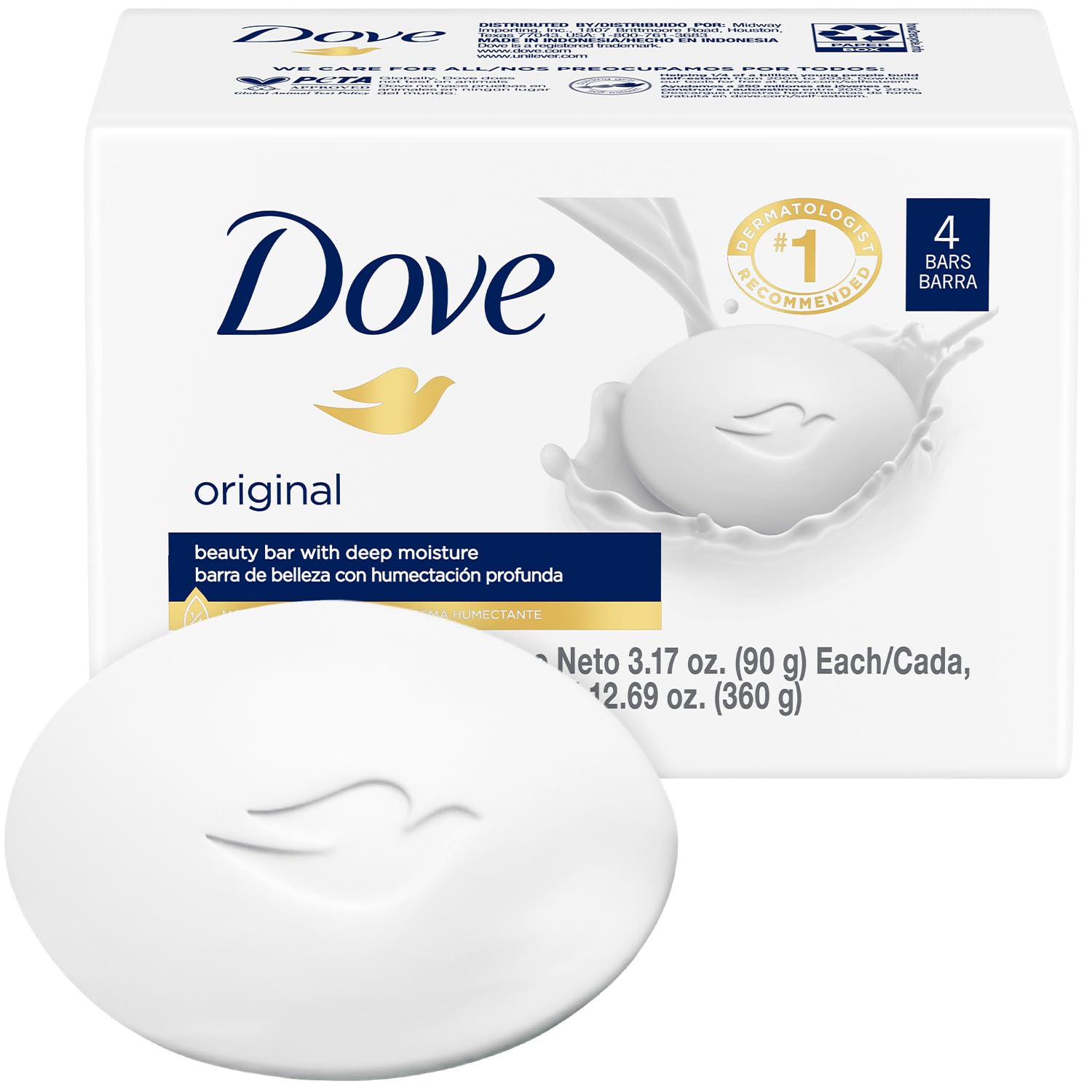 Dove original front packaging showing four bars and value