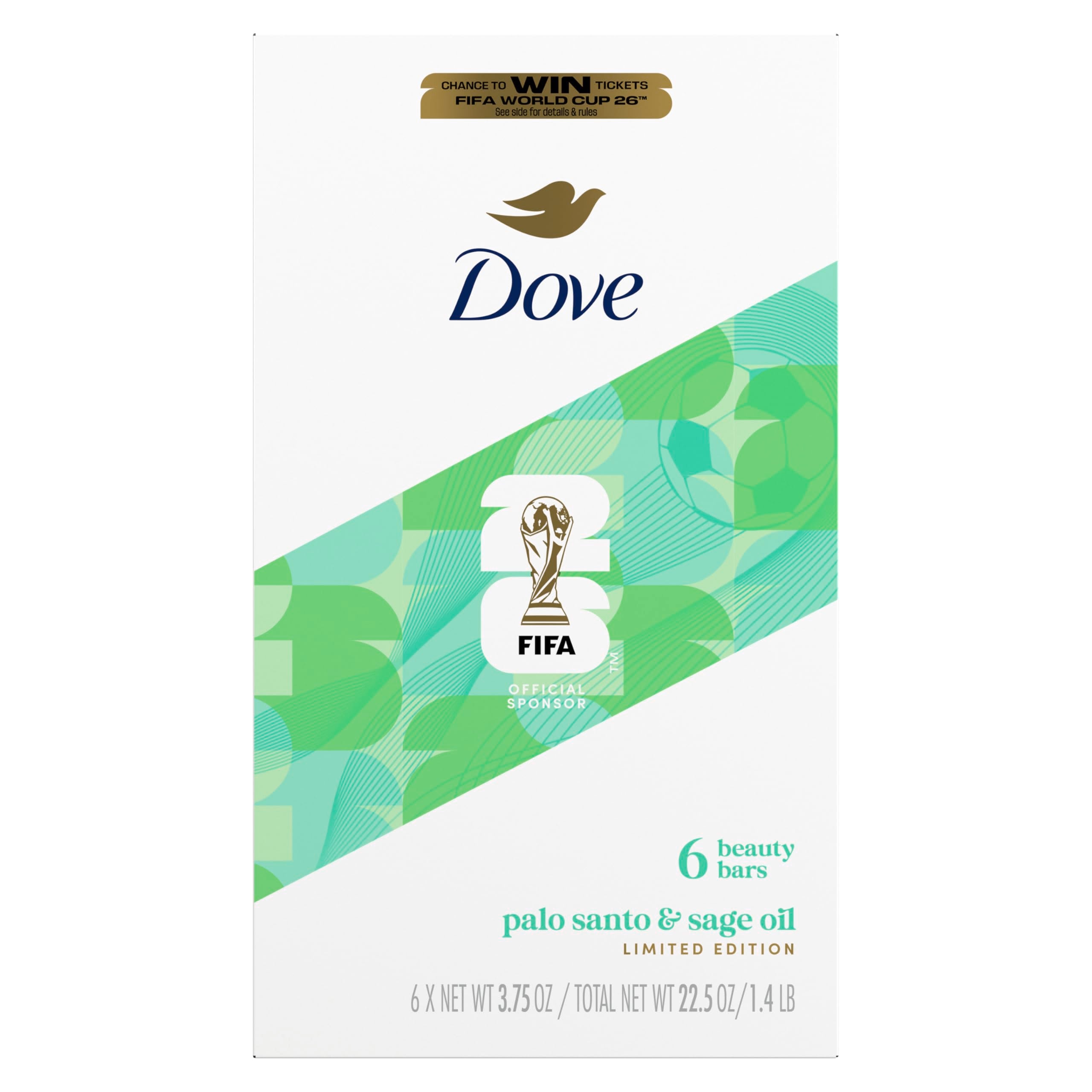 Dove beauty bar front packaging showing palo santo and sage benefits