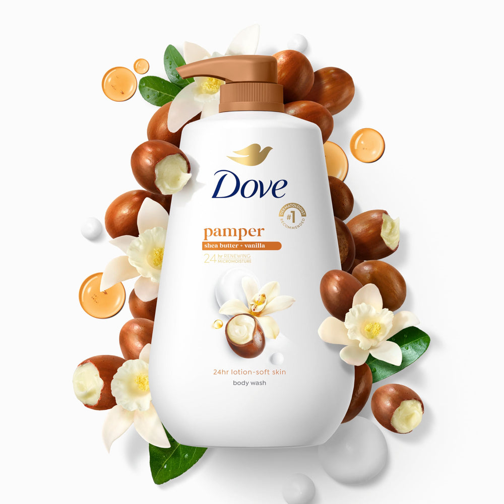 Pour of shea butter ingredient beside the Dove bottle highlighting nourishing benefit