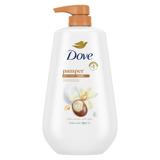 Dove 24hr Lotion Body Wash front packaging showing large 30.6 oz bottle and pump benefit