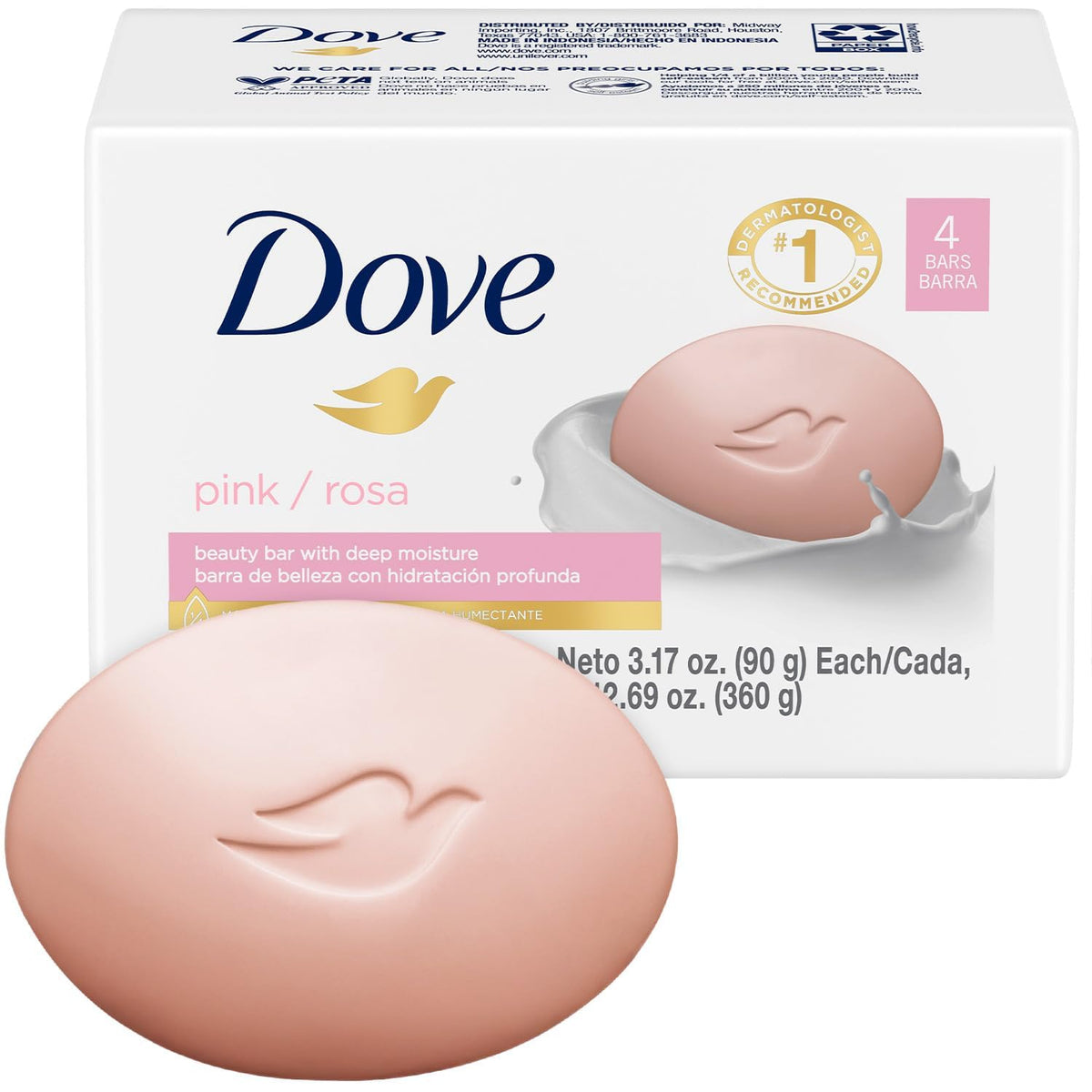 Dove front packaging showing four bars and clear product identity and convenience