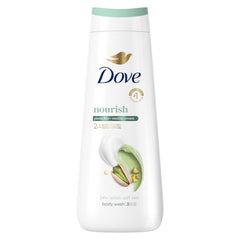 Dove bottle front packaging shows pistachio vanilla scent and nourishing benefit