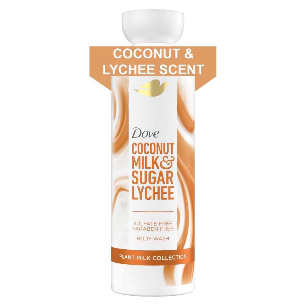 Dove bottle front view showing Coconut & Lychee label and moisturizing benefit
