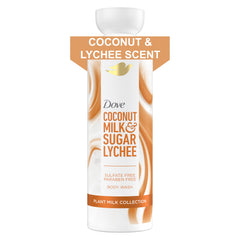 Dove bottle front view showing Coconut & Lychee label and moisturizing benefit