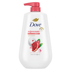 Dove front bottle showing pomegranate hibiscus scent and clear benefit of hydration